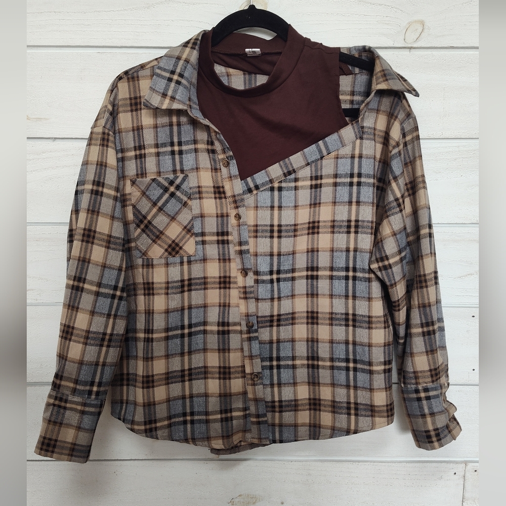 Beileer Plaid Button-Up Shirt with Brown Layer